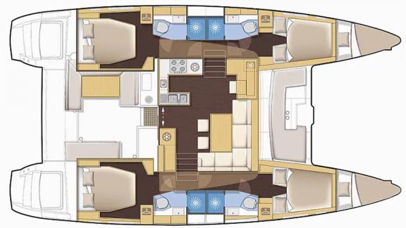 Detailed layout of the Zuzo 2, featuring spacious cabins and a generous living area.