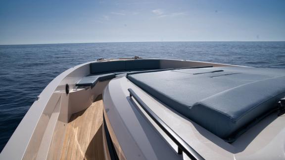 Among Saint Tropez yacht charter options Pegase motor yacht shows front deck with sea view relaxation.
