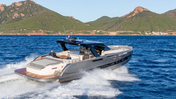 Among Saint Tropez daily yacht charter options Pegase motor yacht shows aft view with high speed cruising experience.