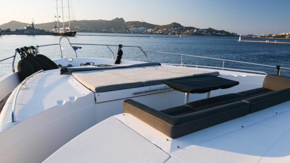 Relaxation and sunbathing area on the bow of a motor yacht