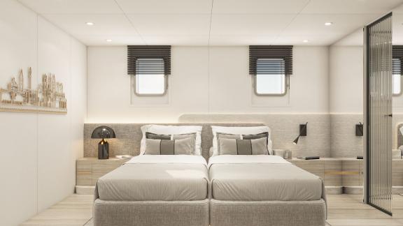 Bright cabin with two single beds, modern decor, and two windows on a yacht.