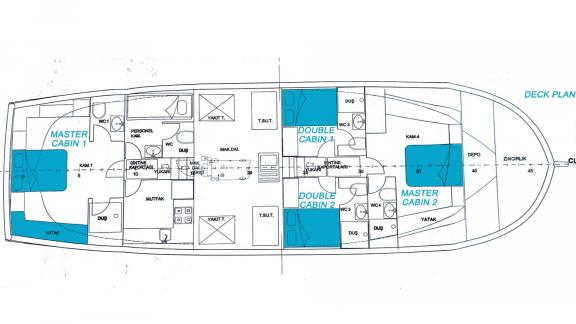 Übersichtlicher Deckplan der Gulet mit Master- und Doppelkabinen, ideal für Ihre Reiseplanung.