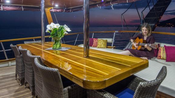 Evening atmosphere on the Gulet Altair, yacht with 6 cabins in Split, Croatia.