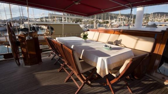 Überdachter Essbereich mit bequemen Sitzgelegenheiten auf der Gulet Erşen 1 im Hafen von Bodrum, ideal für Mahlzeiten im