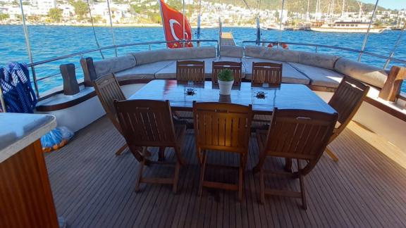 The dining area on the Gulet Life is Life offers a perfect setting for meals with a sea view.