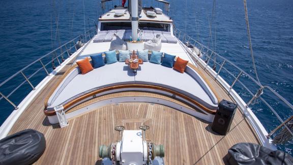 Sun deck of the Gulet Diva Deniz, comfortable seating with colourful cushions.