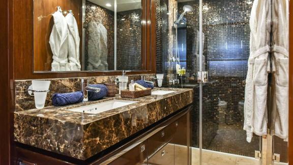 Luxurious bathroom with double sinks and modern amenities aboard the Motoryacht Agave in Split.