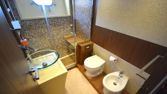 Stylish bathroom with modern shower and high-quality amenities on a motor yacht.