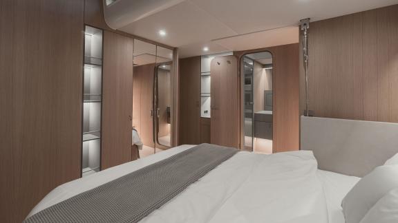 Modern cabin on the yacht Nadamas with spacious closets and storage areas.