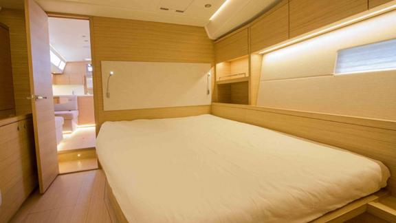 The modern and spacious cabin on the luxury yacht Morea offers a comfortable stay.