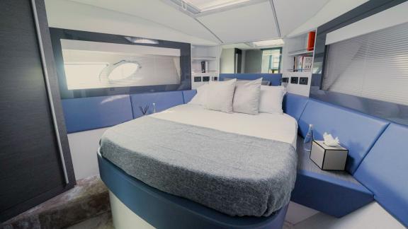 For Dubai motor yacht rental, Pershing 5X White offers a stylish and comfortable bedroom design.