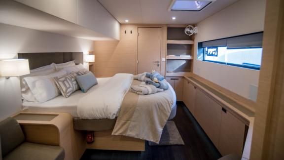 Luxurious and comfortable master bedroom on the 7th Heaven catamaran in Athens.