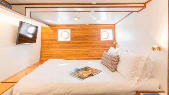 Cosmos features a double cabin with portholes, TV, and clean white decor.