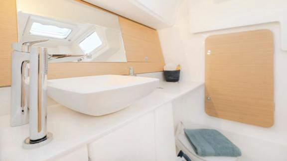 The bathroom of the Gracia yacht features a modern and stylish design.