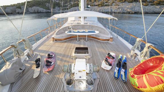 Water toys and seating area on the foredeck of luxury gulet Ecce Navigo image 2