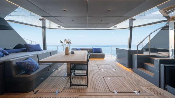 Relax in the spacious sea-view lounge of the Adara Next catamaran, departing from Athens.