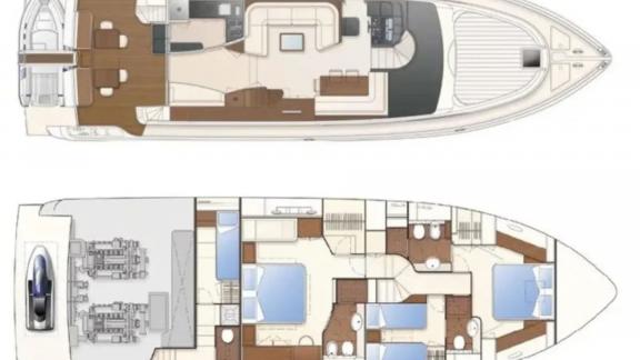 Der Grundriss von My Escape zeigt Kabinen und Wohnbereiche für eine einfache Planung Ihrer Motoryacht Charter.