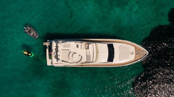 Simply Brilliant offers an aerial view, perfect for VIP motor yacht charters and luxury sea holidays in Mykonos.
