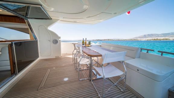 Simply Brilliant features a flybridge sunbathing area for VIP motor yacht charters and luxury sea holidays in Mykonos.