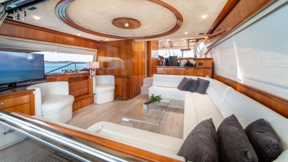 Simply Brilliant features a spacious interior salon for luxury motor yacht charters and relaxing sea holidays in Mykonos
