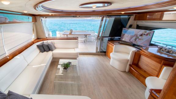 Simply Brilliant features a panoramic interior salon for comfortable stays and VIP motor yacht charters in Mykonos.