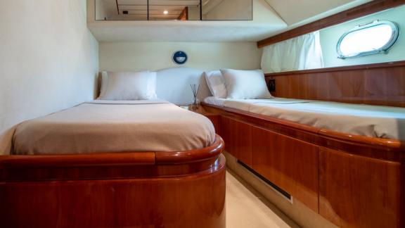 Simply Brilliant features a twin guest cabin for family motor yacht charters and relaxing sea holidays in Mykonos.