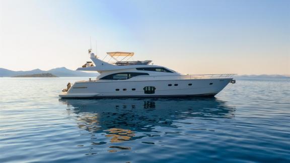 Ferretti 681 Dominique stands out in Split yacht charter options with its elegant profile and sleek design.