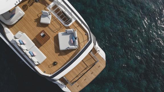 In Sibenik motor yacht charter option First Horizon upper deck with seating area and sea view visible.