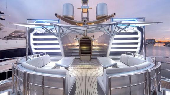 The seating area of the yacht Thunder stands out with modern design and elegant lighting.