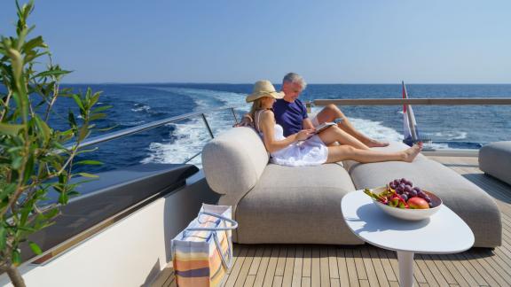 Enjoy peaceful moments aboard Sanlorenzo SL96A Primus on the rear deck at sea.