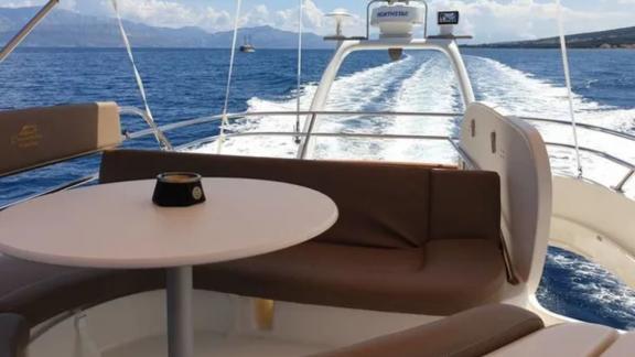 View of the sea from the rear seating area of motor yacht Unplugged.