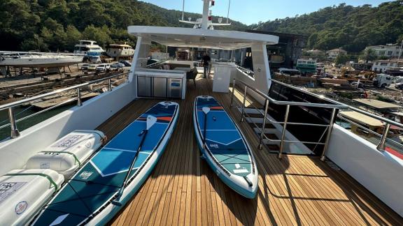 Two paddle boards and a life raft are placed on By CF trawler’s upper deck.