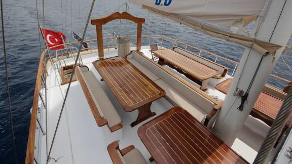 Upper deck dining area of luxury gulet Boreas