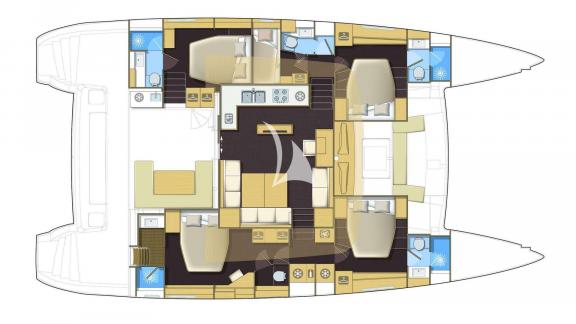 Detailed floor plan of a catamaran showing the layout of bedrooms, bathrooms, kitchen, and living area.