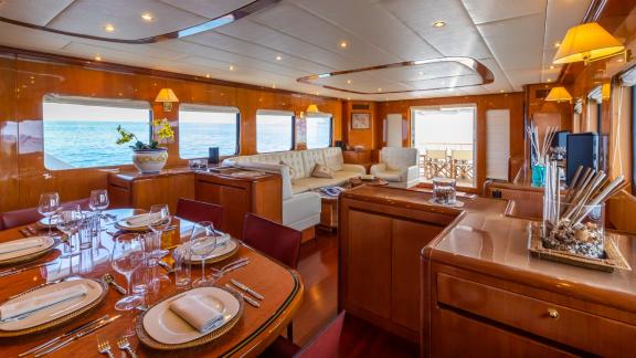 The elegant interior of the Shangra motor yacht is perfect for a luxury yacht charter in Olbia, Italy.