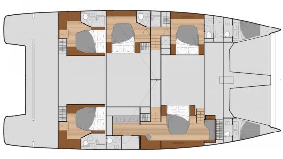 The Ariva Power 67 features five guest cabins, five bathrooms and a central salon in its Corfu-based layout.