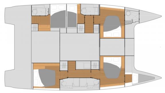 Helidoni charter catamaran offers smart cabin distribution and spacious interiors.
