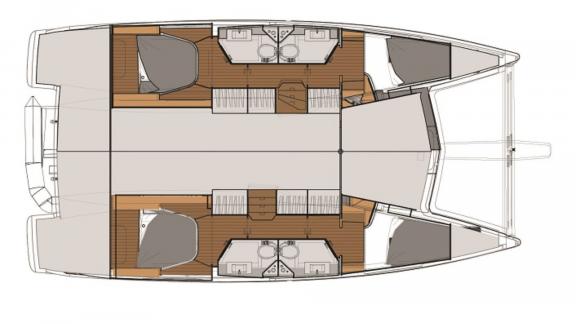 Das Layout des Katamarans Hola bietet geräumige Kabinen und komfortable Gemeinschaftsbereiche.