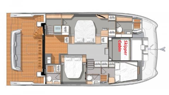 Unter den Katamaran Charter Optionen in Lefkada zeigt Premium Grundriss mit Kabinen und Wohnbereichen.