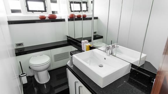 Stylish sink and mirror setup on motor yacht Le Chiffre in Šibenik.