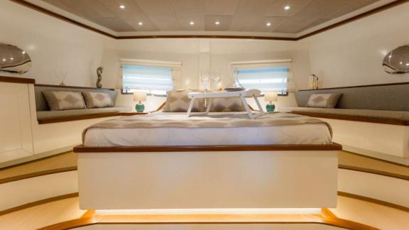 The luxurious master cabin of the 24-meter long gulet Grand Sailor, anchored in the waters near Fethiye, Turkey.