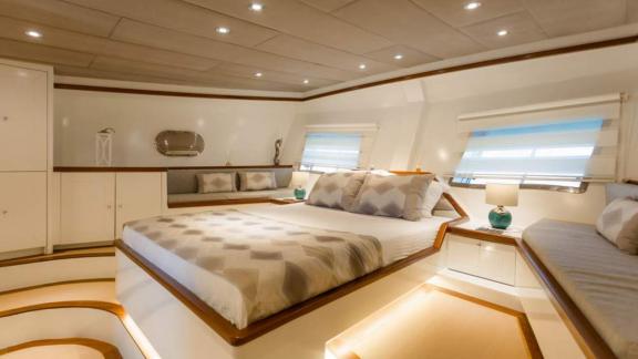 A comfortable guest cabin of the 24-meter long gulet Grand Sailor, anchored in the waters near Fethiye, Turkey.