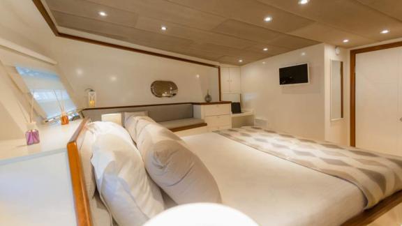 A comfortable guest cabin of the 24-meter long gulet Grand Sailor, anchored in the waters near Fethiye, Turkey.