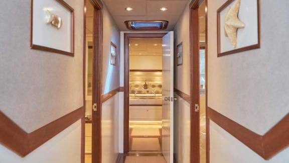 Corridor leading to the cabin in the 24-meter long gulet Grand Sailor, anchored in the waters near Fethiye, Turkey.