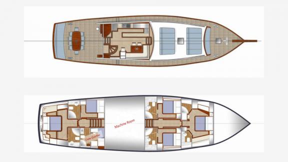 24 metre uzunluğundaki Grand Sailor guletinin, 4 kabinde 8 misafiri ağırlayabilen detaylı planı.