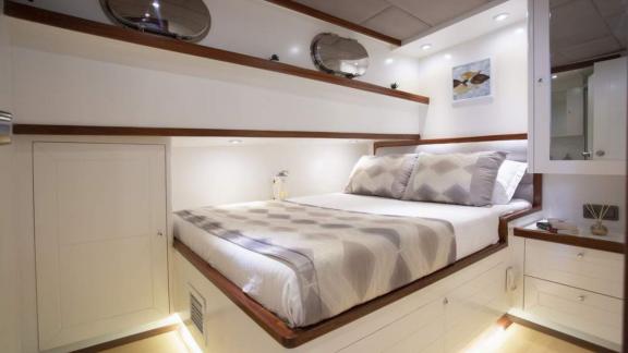 Comfortable cabin of the 24-meter long gulet Grand Sailor, anchored in the waters near Fethiye, Turkey.