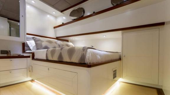 Stylish cabin of the 24-meter long gulet Grand Sailor, anchored in the waters near Fethiye, Turkey.