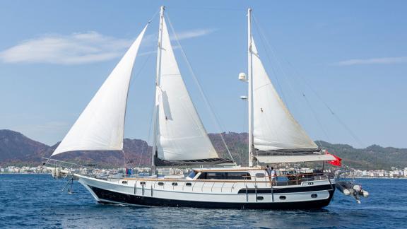 Side view of the 24-meter long gulet Grand Sailor on the waters near Fethiye, Turkey.