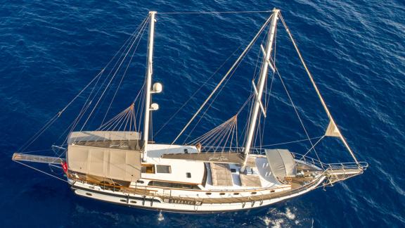 Bird's eye view of the 24-meter long gulet Grand Sailor on the waters near Fethiye, Turkey.