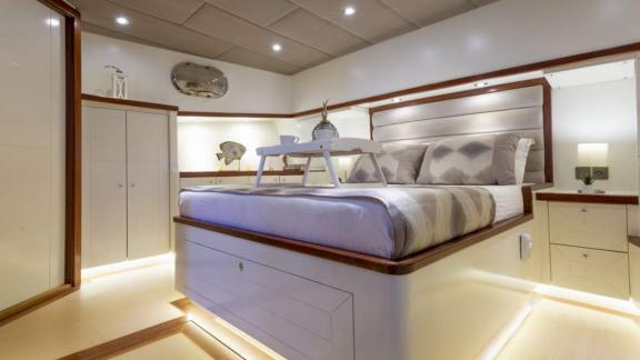 A luxurious cabin of the 24-meter long gulet Grand Sailor, anchored in the waters near Fethiye, Turkey.